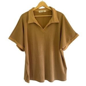 Grace + Emma Camel Tan Textured Polo Top XL Short Sleeve V-Neck Relaxed Fit